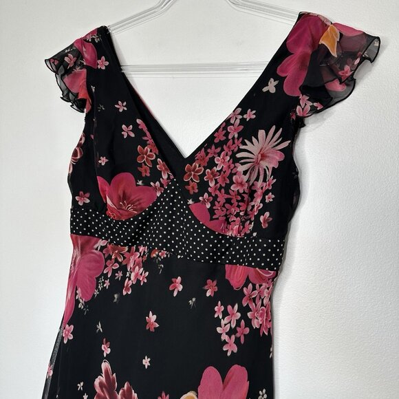 Y2K Whimsigoth New York & Co Flutter Sleeve Dress Size 10 Black Floral - Picture 3 of 12